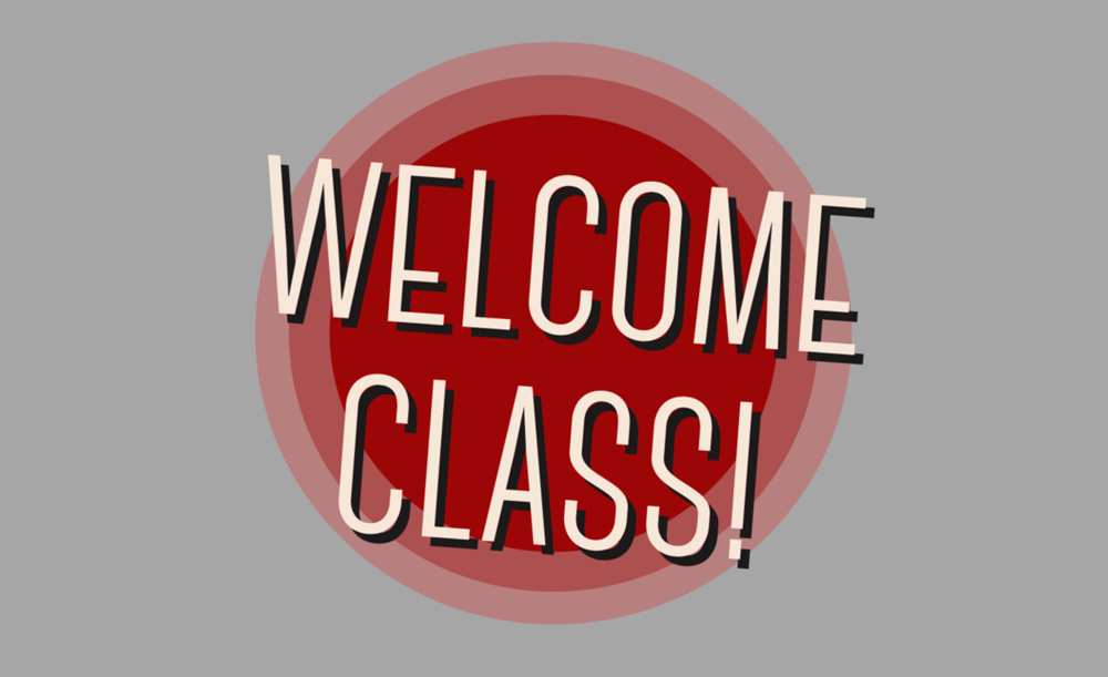 welcome class text on a red circular background